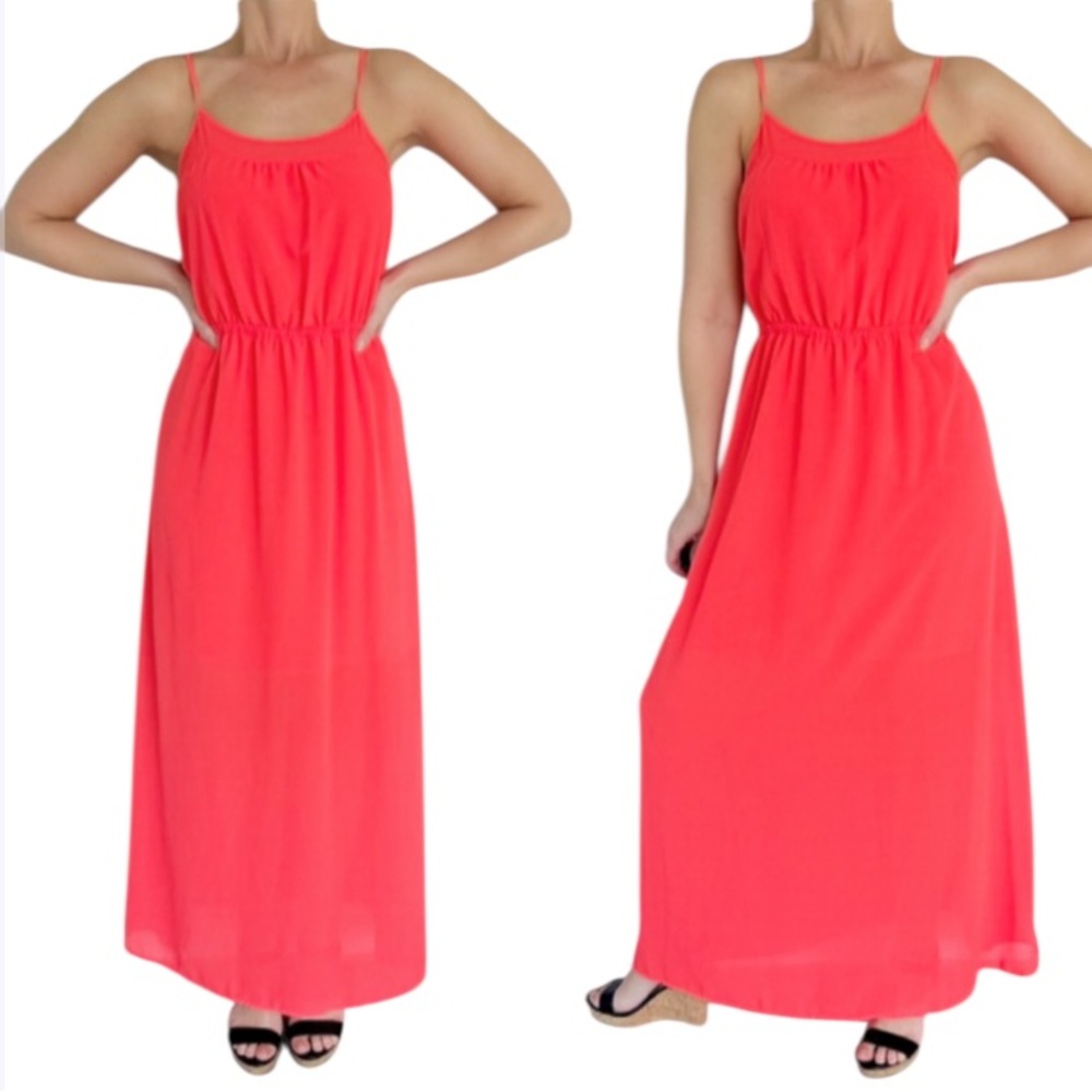 Monteau neon orange pink spaghetti strap tie back maxi dress size medium